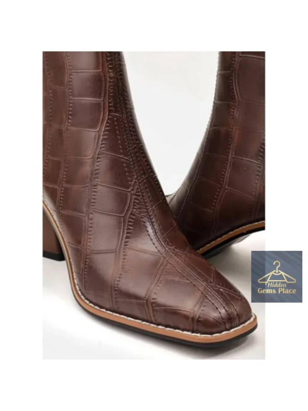 Chunky Mid Heel Ankle Booties Square Pointed Toe Side Zipper Faux Leather Boots